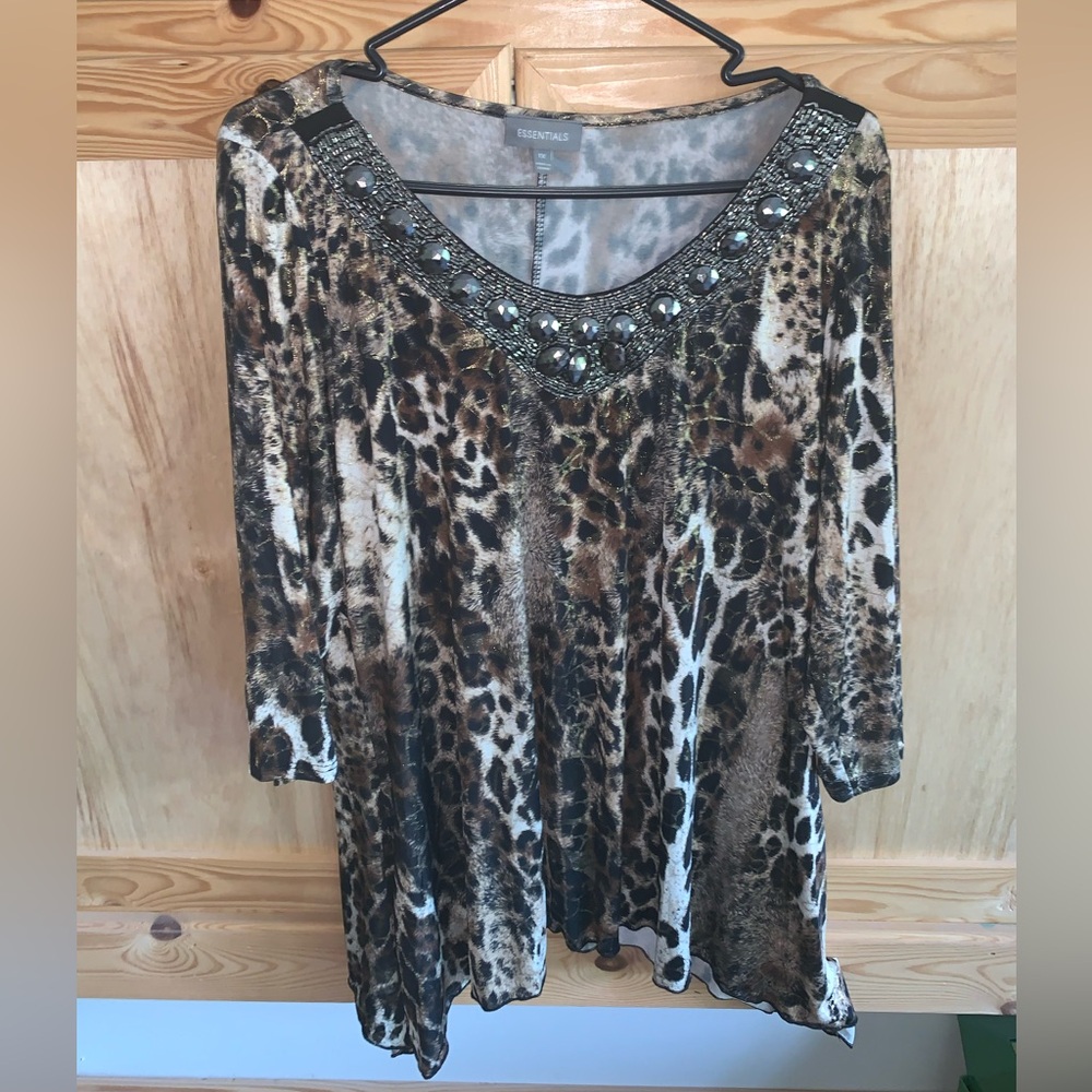 Essentials cheetah printed beaded embroidery dressy shirt top size 1X